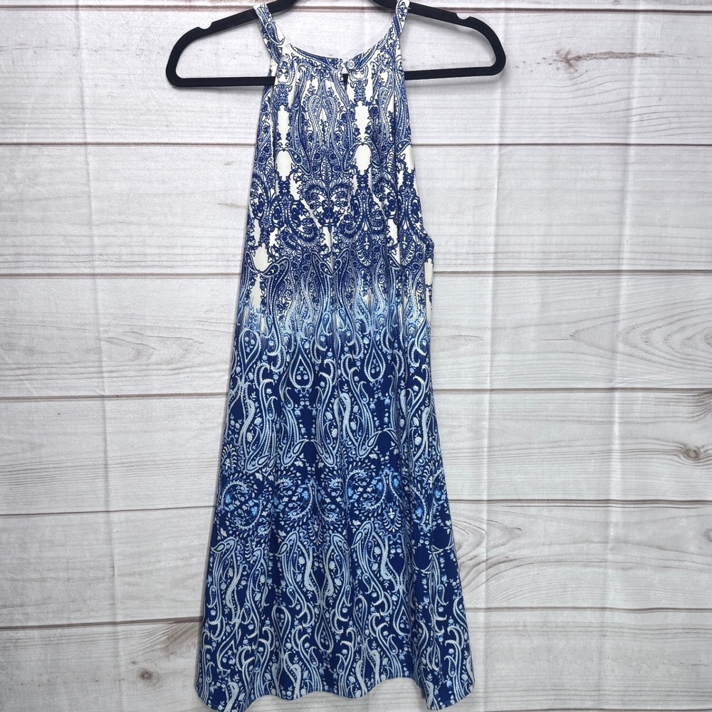 Cremieux Blue White Paisley Halter Neck Sleeveless Dress Size 12 Lined Boho